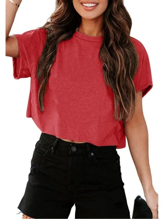 Tops - Women's Red Short Sleeve Crew Neck Loose Casual Drop Shoulder Crop Tops